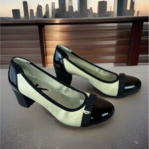 Anne Klein Sport Black and Cream Gerwyn Patent Faux Leather Wedge Heels Size 7M